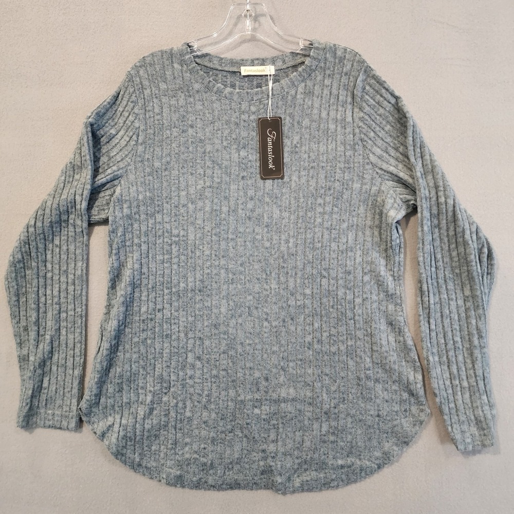 Fantaslook Women's Ribbed‎ Knit Sweater Blue Gray Long Sleeve Pullover Large...